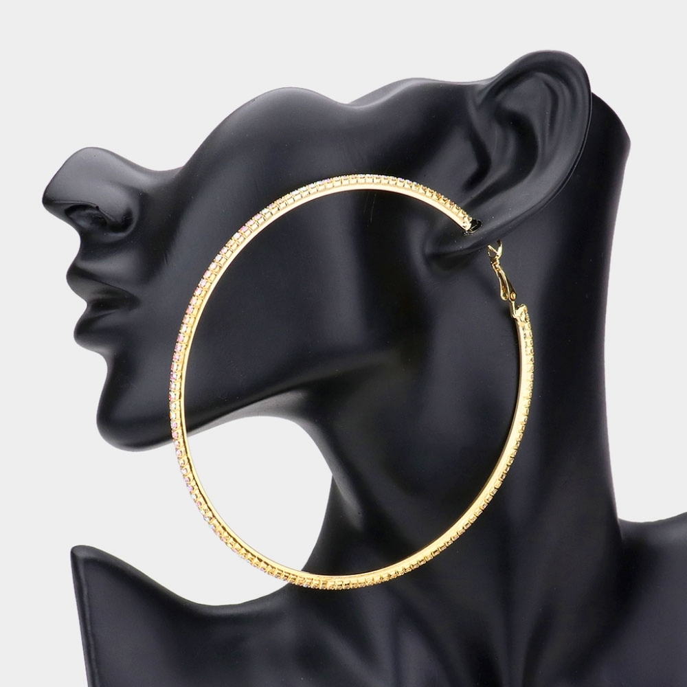 Gold Abalone Rhinestone Crystal 3.75 Round Hoop Style Earrings Fashion Jewelry